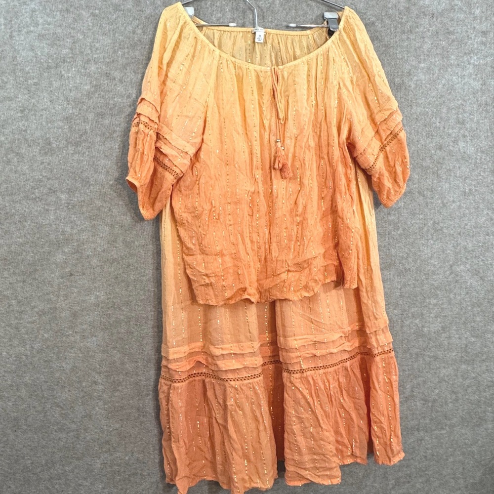 Cato Ombre Peasant Top Skirt Set M Orange Gold Metallic Boho Festival Blouse - Picture 2 of 15